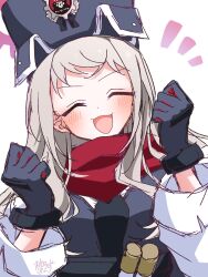  1girl artist_name black_gloves black_hat black_necktie black_sweater_vest blonde_hair blue_archive blush choco_solve_all commentary erina_(blue_archive) facing_viewer fang gloves halo hands_up hat highres long_hair necktie open_mouth purple_halo red_scarf scarf shirt signature simple_background sketch smile solo sweater_vest upper_body vial white_background white_shirt 