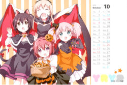  2015 4girls :d ^_^ ahoge akaza_akari animal_ears artist_name bare_shoulders basket black_capelet black_dress black_gloves black_pantyhose black_skirt blonde_hair blush brown_eyes brown_hair calendar_(medium) cape capelet cat_ears cat_tail claw_pose closed_eyes collared_shirt copyright_notice double-parted_bangs dress elbow_gloves facing_viewer fangs feet_out_of_frame funami_yui gloves green_eyes hair_between_eyes hair_intakes halloween hands_up holding holding_basket jack-o'-lantern long_hair looking_at_viewer multiple_girls namori october open_mouth orange_shirt orange_thighhighs outstretched_arm outstretched_arms pantyhose pink_hair pleated_skirt red_cape red_hair shirt short_hair short_sleeves short_twintails skirt sleeveless sleeveless_shirt smile spread_arms standing strapless strapless_dress striped_background striped_clothes striped_thighhighs tail thigh-highs third-party_source toshinou_kyouko twintails v v-shaped_eyebrows vertical-striped_background violet_eyes white_shirt white_skirt yellow_background yoshikawa_chinatsu yuruyuri 