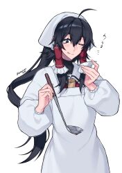  1girl :q ;q absurdres alternate_hairstyle apron ascot black_eyes black_hair blush commentary_request frilled_hair_tubes frills hair_tubes hakurei_reimu headscarf highres himadera holding holding_ladle kappougi ladle long_hair long_sleeves one_eye_closed simple_background solo tasting tongue tongue_out touhou translated twitter_username white_apron white_background white_headscarf yellow_ascot 