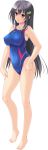  1girl absurdres barefoot black_hair blush breasts competition_swimsuit erect_nipples full_body hair_ornament hairclip highres large_breasts long_hair looking_at_viewer mishima_kagome official_art one-piece_swimsuit parted_lips pink_eyes ryuudouji_shimon_no_inbou smile solo swimsuit teeta_j transparent_background 