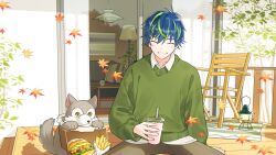  1boy ^_^ animal arm_at_side autumn autumn_leaves balcony blue_hair burger chair closed_eyes commentary_request commission cup day disposable_cup dog drinking_straw falling_leaves folding_chair food french_fries glint green_streaks green_sweater grin hanging_light holding holding_cup lamp lantern leaf long_sleeves male_focus maple_leaf matsumine_(twin-mix) multicolored_hair original outdoors pet reflection rug shadow short_hair skeb_commission slice_of_life smile solo streaked_hair sweater v-neck very_short_hair window wing_collar 