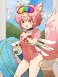  1girl :3 absurdres animal_ears blonde_hair blush bow bowtie canbello_<rezo_star>_(duel_masters) commentary_request dog_ears dog_girl dog_tail duel_masters eighth_note fang goggles goggles_on_head highres holding holding_leash innertube karacara42 leash leotard multicolored_hair musical_note open_mouth pink_hair pink_leotard red_bow red_bowtie sailor_collar short_hair solo swim_ring tail two-tone_hair white_sailor_collar white_wings wings yellow_eyes 