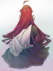  1girl absurdres ahoge all_fours apron black_dress chinese_commentary commentary_request dove_momo dress enmaided eris_greyrat frilled_apron frilled_dress frills from_behind full_body gradient_background grey_background highres long_dress long_hair maid maid_apron mushoku_tensei red_hair signature solo white_apron 