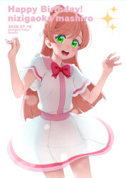  1girl artist_name backlighting bow bowtie casual character_name collared_dress commentary cowboy_shot dated dress english_text green_eyes hair_bun hair_ribbon happy_birthday highres hirogaru_sky!_precure long_hair looking_at_viewer nijigaoka_mashiro open_mouth pink_hair precure red_bow red_bowtie ribbon sakura_kotetsu short_dress short_sleeves single_hair_bun smile solo sparkle standing twitter_username w_arms white_background white_dress white_ribbon 