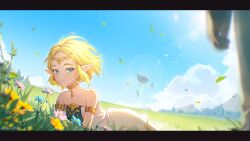  1boy 1girl absurdres blonde_hair blue_eyes chinese_commentary collarbone commentary_request day dress flower grass green_tabard highres jewelry lens_flare link looking_at_viewer lying magatama magatama_necklace meadow necklace on_stomach outdoors pointy_ears princess_zelda ronic short_hair signature smile standing sunlight tabard the_legend_of_zelda the_legend_of_zelda:_tears_of_the_kingdom tiara white_dress 