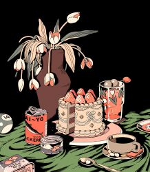  artist_name ball billiard_ball birthday_cake black_background cake can chocolate_cake choo cocktail coffee commentary complementary_colors cup drinking_glass english_text fish flower food fruit heart high_contrast highres layer_cake liquid mackerel_(fish) no_humans olive original peach plant print_cup spoon still_life strawberry tablecloth teacup tulip tulip_print untranslatable_commentary vase white_flower wilting 