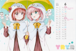  2016 2girls :d akaza_akari artist_name bow bowtie calendar_(medium) closed_mouth copyright_notice double_bun dress green_eyes hair_between_eyes hair_bun holding holding_umbrella hood hood_up june long_sleeves looking_at_another multiple_girls namori nanamori_school_uniform open_mouth pink_hair pleated_dress red_dress red_hair school_uniform shared_umbrella short_hair short_twintails smile teruterubouzu third-party_source twintails umbrella upper_body violet_eyes winter_uniform yellow_bow yellow_bowtie yellow_umbrella yoshikawa_chinatsu yuruyuri 