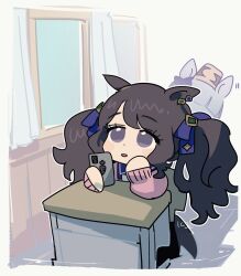  2girls animal_ears black_hair blush brown_hat cardigan cellphone chibi chibi_only commentary_request fig_(lchijiku) gold_ship_(umamusume) grey_hair hat highres holding holding_phone horse_ears horse_girl long_hair multiple_girls open_mouth phone pillbox_hat pink_cardigan sitting smartphone tosen_jordan_(umamusume) umamusume violet_eyes 