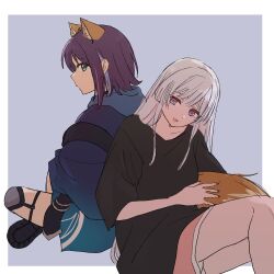  2girls animal_ears blue_hoodie blue_kimono border cho_kaguya-hime! colored_inner_hair fox_ears fox_girl fox_tail green_eyes hood hood_down hoodie hugging_another's_tail hugging_tail ini_yoy japanese_clothes kimono long_hair medium_hair multicolored_hair multiple_girls open_mouth outdoors pink_hair pink_shorts purple_hair runami_yachiyo sakayori_iroha sakayori_iroha_(tsukuyomi) shorts sidelocks tail violet_eyes white_border white_hair 