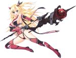  1girl blonde_hair blue_eyes boots breasts fingerless_gloves floating_hair full_body gloves holding holding_weapon large_breasts long_hair looking_at_viewer open_mouth solo thigh-highs thigh_boots transparent_background two-handed two_side_up weapon 