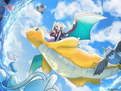  1girl :o absurdres beanie bird black_hair blue_eyes blue_sky claws commentary_request dragon_wings dragonite finneon fish flying grey_feathers hair_ornament hairclip hat highres hikari_(pokemon) horns long_hair magnet magnezone manaphy mantyke open_mouth outdoors pink_skirt pokemon pokemon_(creature) pokemon_diamond/pearl/platinum red_scarf riding riding_pokemon sandora_(karugamo_no_e) scarf single_horn skirt sky starly togekiss waves white_hat wings 