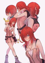  1girl age_comparison arms_behind_back bare_shoulders black_choker blue_eyes boots breasts choker commentary dress english_commentary food fruit hair_between_eyes hand_in_own_hair highres holding holding_food holding_fruit hood hood_down hooded_dress jewelry kairi_(kingdom_hearts) kingdom_hearts kingdom_hearts_i kingdom_hearts_ii kingdom_hearts_iii light_smile medium_breasts medium_hair multiple_views necklace one_eye_closed paopu_fruit pink_dress purple_boots red_hair sera_(serappi) short_dress short_hair sleeveless sleeveless_dress solo white_background 