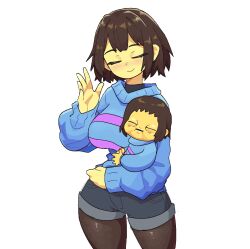  1girl 1other aged_down aged_up baby blue_sweater blush breasts brown_hair brown_pantyhose closed_eyes closed_mouth frisk_(undertale) genderswap genderswap_(otf) highres holding large_breasts long_sleeves looking_at_viewer meme neamosub open_mouth pantyhose short_hair short_shorts shorts simple_background smile striped_clothes striped_sweater sweater thighs two-tone_sweater undertale utdr_(toby_fox) waving white_background 