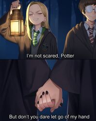  1boy 1girl absurdres black_coat black_nails blonde_hair closed_eyes coat dark earrings english_text fingernails grey_vest grin harry_potter harry_potter_(series) highres holding holding_hands holding_lantern hoop_earrings i'm_not_scared jewelry lantern long_hair malfoid maxvines4 nail_polish necktie night open_clothes open_coat outdoors scared smile striped_clothes striped_necktie sweatdrop vest wizarding_world 