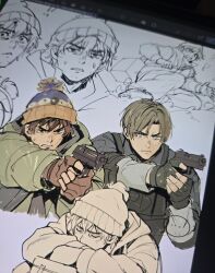  2boys absurdres beanie beard_stubble black_gloves blonde_hair blue_eyes brown_hair bryan_hodukavich bulletproof_vest facial_hair fingerless_gloves gloves gokunobaka gun handgun hat highres holding holding_gun holding_weapon hood hood_down hooded_jacket jacket leon_s._kennedy male_focus multiple_boys multiple_views police police_uniform pom_pom_(clothes) pom_pom_beanie pom_pom_hat_ornament resident_evil resident_evil_(2026_movie) resident_evil_2 resident_evil_2_(remake) short_hair stubble weapon 