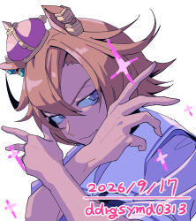  1girl animal_ears bow bowtie closed_mouth crown dogeyama_um hair_between_eyes horse_ears horse_girl mini_crown orange_hair pink_crown puffy_short_sleeves puffy_sleeves purple_bow purple_bowtie purple_shirt sailor_collar sailor_shirt school_uniform shirt short_hair short_sleeves solo t.m._opera_o_(umamusume) tracen_school_uniform umamusume upper_body violet_eyes white_sailor_collar 
