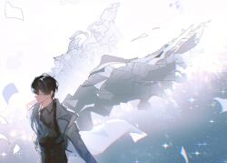  1boy absurdres black_hair black_shirt closed_eyes coat collared_shirt commentary english_commentary fake_wings falling_paper highres kim_dokja male_focus omniscient_reader's_viewpoint open_clothes open_coat outstretched_arms paper shirt short_hair smile solo sparkle threemato upper_body white_coat wings 