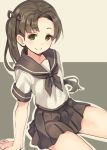  1girl ayanami_(kantai_collection) bangs blush brown_background brown_hair c: closed_mouth eyebrows_visible_through_hair green_eyes kantai_collection legs_apart long_hair looking_at_viewer parted_bangs paseri school_uniform serafuku side_ponytail simple_background sitting smile solo thighs two-tone_background 