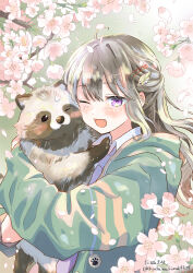  1girl absurdres ahoge animal artist_name branch brown_hair cherry_blossoms commentary english_commentary falling_petals fang green_jacket hair_ornament hairclip highres holding holding_animal jacket kodanukima4624 leaf_hair_ornament long_hair necktie one_eye_closed open_mouth original petals pink_eyes pink_petals raccoon shirt signature solo upper_body white_shirt 