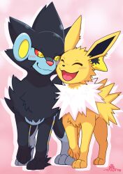  black_fur blue_fur blush closed_eyes colored_sclera commentary_request highres jolteon luxray no_humans open_mouth pokemon pokemon_(creature) red_sclera two-tone_fur white_fur wolfonia yellow_eyes yellow_fur 
