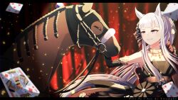  1girl animal_ears asymmetrical_dress asymmetrical_gloves bare_shoulders black_dress black_gloves blush breasts card commentary_request dated_commentary dress ear_ornament elbow_gloves evening_gown gloves gold_ship_(la_mode_564)_(umamusume) gold_ship_(umamusume) grey_hair grin highres horse horse_ears horse_girl jewelry king_(playing_card) king_of_diamonds lace lace_gloves long_hair meisho_tabaru_(racehorse) necklace official_alternate_costume official_alternate_hairstyle open_mouth playing_card ponytail real_life single_bare_shoulder single_strap six_of_hearts smile teeth two_of_diamonds umamusume umamusume_horse_relations violet_eyes yarukinaine_vir 