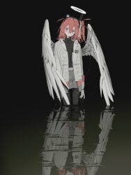 1girl a.i._voice adachi_rei alt_text angel_wings black_background black_pants black_shirt blank_stare cable commentary_request dark empty_eyes expressionless feathered_wings gloves grey_shorts halo headphones highres hood hooded_jacket jacket medium_hair one_side_up orange_eyes pants red_hair reflection rui_60 shirt shorts simple_background solo turtleneck utau wading white_gloves white_halo white_jacket white_wings wide-eyed wings 