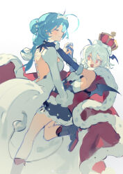  2girls absurdres ahoge backless_dress backless_outfit bili_girl_22 bili_girl_33 bilibili blue_hair boots cape closed_eyes closed_mouth commentary crown dress elbow_gloves fang fur_trim gloves hairband highres holding_hands long_hair multiple_girls nomi_tongxue open_mouth red_cape red_eyes simple_background smile untranslatable_commentary white_background white_dress white_hair wings yuri 