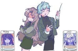  1girl 3boys angry back-to-back black_pants black_shirt boss_fight brothers brown_eyes brown_hair chinese_commentary closed_eyes coat commentary_request conductor_baton cropped_jacket crossdressing crossdressing_(mtf) crossed_arms curtained_hair english_text fur-trimmed_coat fur_trim furrowed_brow green_jacket grey_shirt health_bar highres holding_baton jacket lala4255 long_hair mina_(mamiya) morichika_haruki morichika_touma multiple_boys niigaki_mayuri omori pants parody portrait pout sad sekai_metsubou_kyouyuu_gensou_mamiya shaded_face shirt short_hair short_twintails siblings sweatdrop toujou_minato triangle_mouth turtleneck twintails very_long_hair wavy_hair white_background 