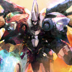  1boy arm_cannon armor asymmetrical_arms black_armor blade_arm blue_armor byte_(grunty-hag1) closed_mouth commentary_request cowboy_shot energy_sword fiery_background fire glowing glowing_eyes huge_weapon looking_at_viewer mecha mecha_focus mega_man_(series) mega_man_zero_(series) mega_man_zero_3 multiple_heads omega_(mega_man) omega_(second_form)_(mega_man) pauldrons red_armor robot shoulder_armor solid_eyes solo spiked_pauldrons spikes sword weapon white_eyes yellow_eyes 