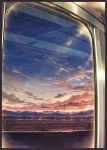  bird blue_sky ceiling_light city cityscape clouds cola_(gotouryouta) commentary_request evening field highres lamppost light mountain no_humans original power_lines reflection scenery sky sunlight sunset telephone_pole through_window train_interior tree 