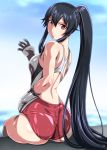  1girl ass black_hair competition_swimsuit cowboy_shot from_behind gloves grey_gloves kantai_collection long_hair looking_at_viewer looking_back monteri one-piece_swimsuit ponytail red_eyes scrunchie sitting solo swimsuit very_long_hair yahagi_(kantai_collection) 