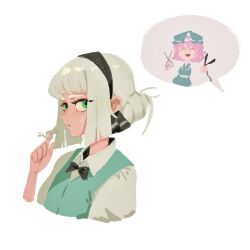  2girls :d ^_^ alternate_hairstyle black_bow black_bowtie black_hairband blue_hat blue_kimono bow bowtie chinese_commentary closed_eyes collared_shirt commentary_request green_eyes green_vest grey_hair grmarsa hairband hat highres holding holding_scissors japanese_clothes kimono konpaku_youmu mob_cap multiple_girls open_mouth pink_hair playing_with_own_hair saigyouji_yuyuko scissors shirt simple_background smile solo_focus speech_bubble touhou triangular_headpiece upper_body vest white_background white_shirt 