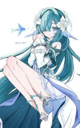  aqua_dress aqua_eyes aqua_hair blue_dress collar commentary_request detached_collar detached_sleeves dress fins fish flower frilled_collar frills gem genshin_impact green_gem hair_between_eyes hair_flower hair_intakes hair_ornament head_fins high_heels highres long_hair merfolk mermaid monster_girl one_eye_closed pearl pearl_hair_ornament puffy_sleeves ruta_hp04 silver_choker silver_trim smile very_long_hair vodyanitsa_(genshin_impact) white_collar white_flower white_sleeves 
