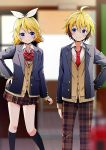  1boy 1girl ahoge arm_at_side black_legwear blazer blonde_hair blue_eyes blurry blurry_background bow bowtie brother_and_sister brown_pants brown_skirt buttons cardigan closed_mouth collared_shirt hair_between_eyes hair_ribbon headphones indoors jacket kagamine_len kagamine_rin kneehighs long_sleeves looking_at_another miniskirt necktie pants plaid plaid_pants plaid_skirt pleated_skirt red_bow red_bowtie red_necktie ribbon school_uniform shirt siblings skirt smile twins vocaloid white_ribbon white_shirt wing_collar yuuka_nonoko 