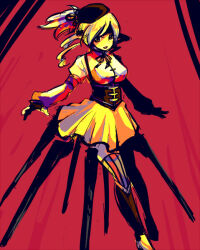  1girl black_corset black_gloves blonde_hair breasts brown_eyes brown_ribbon brown_thighhighs commentary_request corset drill_hair full_body gloves hinaji long_sleeves looking_at_viewer magical_girl mahou_shoujo_madoka_magica mahou_shoujo_madoka_magica_(anime) medium_breasts medium_hair neck_ribbon partially_fingerless_gloves red_background ribbon shirt skirt solo striped_clothes striped_thighhighs thigh-highs tomoe_mami tomoe_mami_(magical_girl) twin_drills vertical-striped_clothes vertical-striped_thighhighs white_shirt yellow_skirt 