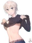  14_(vision5032) 1girl anastasia_(idolmaster) artist_name belt blue_eyes breast_lift breasts cowboy_shot dutch_angle earrings highres idolmaster idolmaster_cinderella_girls jewelry light_smile long_sleeves midriff navel no_bra shirt_lift short_hair silver_hair simple_background sleeves_past_wrists small_breasts solo white_background 