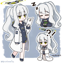  !? 1girl apricotlemontea black_hair black_hoodie black_shoes blue_archive blunt_bangs blush border can chibi chibi_only coat commentary_request drawstring drink_can energy_drink fading_border full_body green_eyes green_halo grey_background grey_hair hair_intakes halo hare_(blue_archive) holding holding_can holding_tablet_pc hood hood_down hoodie long_hair long_sleeves looking_at_viewer monster_energy multiple_views open_clothes open_coat outline parted_lips ponytail print_hoodie shoes sidelocks simple_background sleeping standing tablet_pc twitter_username upper_body very_long_hair walking white_border white_coat white_outline zzz 