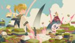  1boy 1girl absurdres blonde_hair bow clouds fan floating hair_bow highres holding holding_sword holding_weapon japanese_clothes kagamine_len kagamine_rin katana kimono looking_back ponytail rainbow ryuutsuki_basetsu sailor_collar scenery short_hair sky smile sword vocaloid weapon yellow_eyes 