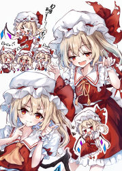  1girl 5nikorai :d absurdres animal_ears ascot cat_ears commentary_request crystal_wings fang flandre_scarlet hat highres holding holding_microphone kemonomimi_mode looking_at_viewer microphone mob_cap multiple_views neck_ribbon open_mouth orange_ascot orange_ribbon red_eyes red_skirt ribbon skirt skirt_set smile touhou translation_request white_hat wings 