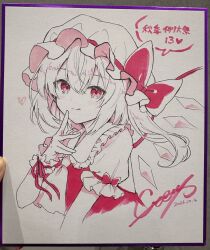  1girl ascot bow collared_shirt commentary_request crystal crystal_wings dated flandre_scarlet frilled_shirt_collar frills hat hat_bow highres kure~pu mob_cap monochrome one_side_up photo_(medium) red_theme shikishi shirt signature sleeve_bow solo speech_bubble tongue tongue_out touhou traditional_media translation_request vest wings 