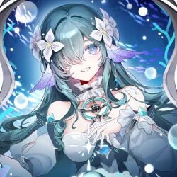  1girl bare_shoulders blue_pupils body_markings breasts choker collarbone crystal_earrings detached_sleeves dress earrings fins fish floating_hair flower frilled_choker frilled_sleeves frills genshin_impact green_hair hair_flower hair_ornament hair_over_one_eye hand_on_own_chest hand_up head_fins hoxino jewelry long_hair long_sleeves looking_at_viewer medium_breasts necklace ocean pearl_hair_ornament puffy_detached_sleeves puffy_long_sleeves puffy_sleeves sidelocks single_earring sleeveless sleeveless_dress smile solo teeth underwater upper_body very_long_hair violet_eyes vodyanitsa_(genshin_impact) water_drop wavy_hair white_choker white_dress white_flower white_sleeves 