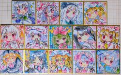  6+girls absurdres animal_ears apron arm_cannon ascot basket bat_wings black_ascot black_dress black_hair black_hairband black_hat black_vest blonde_hair blue_capelet blue_dress blue_hair blush bow bowtie braid branch cape capelet chest_eye collared_shirt commentary_request control_rod_(touhou) cosmetics crystal crystal_wings dowsing_rod dress fang fire flandre_scarlet frilled_bow frilled_shirt_collar frilled_sleeves frills fujiwara_no_mokou green_bow green_bowtie green_hair green_vest grey_hair hair_bow hairband hat hat_bow highres hitodama holding holding_lipstick_tube holding_with_tail houraisan_kaguya izayoi_sakuya jeweled_branch_of_hourai jewelry kagiyama_hina konpaku_youmu konpaku_youmu_(ghost) lipstick_tube long_hair long_sleeves maid maid_headdress mob_cap mouse_(animal) mouse_ears mouse_girl mouse_tail multiple_girls nazrin necklace one_side_up pendant photo_(medium) pink_hat pink_shirt pink_skirt prehensile_tail pyrokinesis red_ascot red_bow red_dress red_eyes red_skirt red_vest reiuji_utsuho remilia_scarlet shikishi shirt skin_fang skirt skirt_set suspenders tail tamagogayu1998 third_eye touhou traditional_media twin_braids vest waist_apron weapon white_apron white_bow white_bowtie white_cape white_hat white_shirt wide_sleeves wings yellow_ascot yellow_bow yellow_bowtie 
