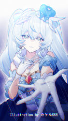  1girl artist_name blue_dress blue_hair blue_hat commentary_request detached_sleeves diamond-shaped_pupils diamond_(shape) dress green_eyes hair_between_eyes hand_on_own_chest hat highres jewelry long_hair looking_at_viewer mini_hat necklace offering_hand original parted_lips pearl_necklace reaching reaching_towards_viewer simple_background solo srpzk symbol-shaped_pupils upper_body 