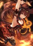  1girl animal_ears anthuria armpits arms_behind_head arms_up bangs breasts brown_eyes brown_hair cleavage dress erun_(granblue_fantasy) frilled_dress frills granblue_fantasy hair_ornament long_hair looking_at_viewer medium_breasts paseri red_dress sideboob solo thigh-highs 