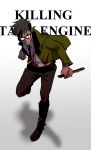  black_hair blazer blood bloody_clothes english full_body glasses_enthusiast gradient gradient_background henry_the_green_engine highres jacket knife male_focus opaque_glasses personification school_uniform short_hair simple_background thomas_the_tank_engine 