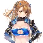  1girl animal_ears bangs beatrix_(granblue_fantasy) breasts brown_eyes brown_hair cat_cutout cat_ears cleavage detached_collar gauntlets granblue_fantasy hair_ornament large_breasts long_hair looking_away meme_attire min-naraken navel one_side_up simple_background solo swept_bangs white_background 