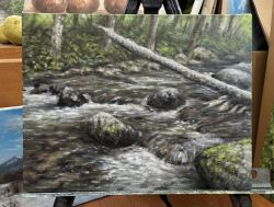  commentary_request day forest grass hashibossan nature no_humans original outdoors painting_(medium) river rock scenery traditional_media tree water 