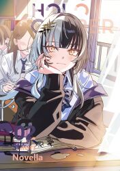  1boy 2girls alternate_costume black_hair black_jacket blue_bow blue_bowtie blue_necktie blunt_bangs book book_stack bow bowtie classroom closed_mouth collared_shirt commentary curtains desk dress_shirt elbow_rest english_commentary grey_hair hair_ornament hairclip hand_on_own_cheek hand_on_own_face head_rest heart highres holding holding_pen hololive hololive_english indoors ink jacket jewelry light_smile long_hair long_sleeves looking_at_viewer loose_bowtie loose_hair_strand multicolored_hair multiple_girls multiple_rings necktie notebook off_shoulder open_clothes open_jacket parallel_hairclips pen ring school_desk school_uniform shiori_novella shirt solo_focus split-color_hair two-tone_hair virtual_youtuber white_shirt window yellow_eyes yomosaka yorick_(shiori_novella) 