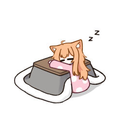  1girl ahoge animal_ear_fluff animal_ears apricotlemontea blue_archive cat_ears cat_girl chibi chibi_only closed_eyes commentary double-parted_bangs kotatsu long_sleeves mari_(blue_archive) missing_halo orange_hair pajamas pink_shirt shadow shirt sidelocks simple_background sitting sleeping solo table white_background zzz 