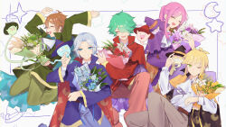  5boys ^_^ absurdres albert_(puyopuyo) aqua_cape arms_up ascot belt berry black_cape black_hat blonde_hair blue_cape blue_coat blue_eyes blue_flower blue_hair blue_hat blue_pants blue_rose bouquet brown_belt brown_hair brown_pants cape closed_eyes closed_mouth coat commentary_request crescent_print facial_hair familiar flower ghost green_cape green_coat green_eyes green_flower green_hair green_hat green_pants green_rose hair_over_one_eye hand_up happy hat highres holding holding_bouquet invisible_chair jumping lclfc leaf long_hair looking_at_viewer male_focus matthew_(puyopuyo) miriam_(puyopuyo) monocle multiple_boys mustache one_eye_closed one_eye_covered open_mouth pacifier pants pink_flower pink_hair pink_rose print_cape purple_cape purple_coat purple_flower purple_hat purple_pants purple_rose puyopuyo puyopuyo_quest red_cape red_coat red_flower red_hat red_pants red_rose richard_(puyopuyo) rose shirt short_hair sitting smile standing star_(symbol) star_print sullivan_(puyopuyo) tulip two-sided_cape two-sided_fabric white_ascot white_flower white_rose white_shirt witch_hat yellow_cape yellow_eyes yellow_flower yellow_rose yellow_tulip 